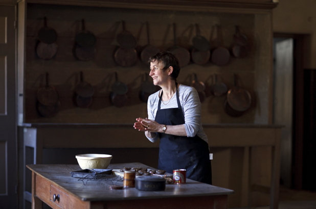 Jacqui Newling making ginger nut biscuits, rolling dough between hands, provenanced handwritten recipe, Rouse Hill House and Farm, in kitchen at Vaucluse House