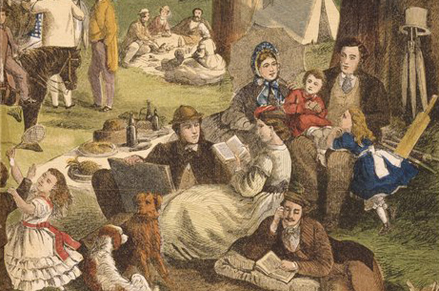 A coloured wood engraving from 1865 showing groups of people picnicking.