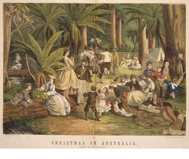 A coloured wood engraving from 1865 showing groups of people picnicking. 