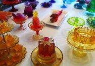 A table of colourful resin jellies by Janet Tavener.