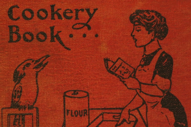 Cover detail of The Kookaburra cookery book, showing a kookaburra and a woman preparing to cook.