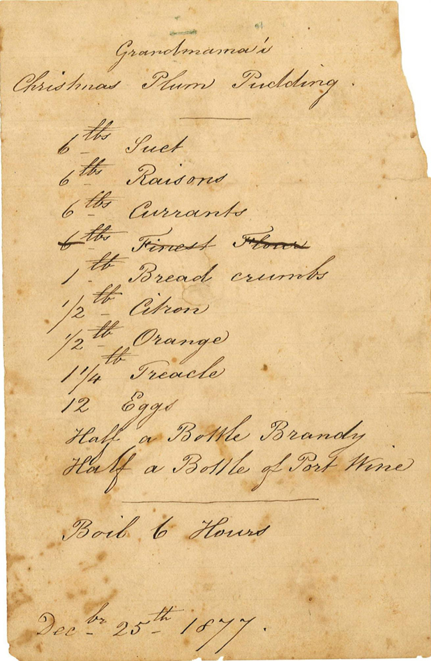 Handwritten recipe for Grandmama's Christmas plum pudding’, 25 December 1877
