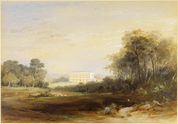 Landscape showing a large house in the background. 