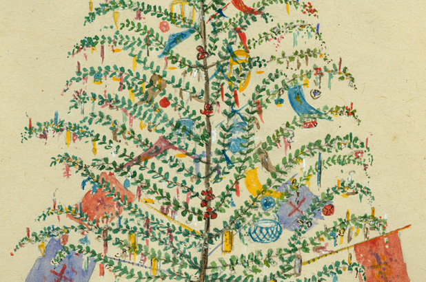 A watercolour painting of a Christmas tree with colourful decorations, 1860.