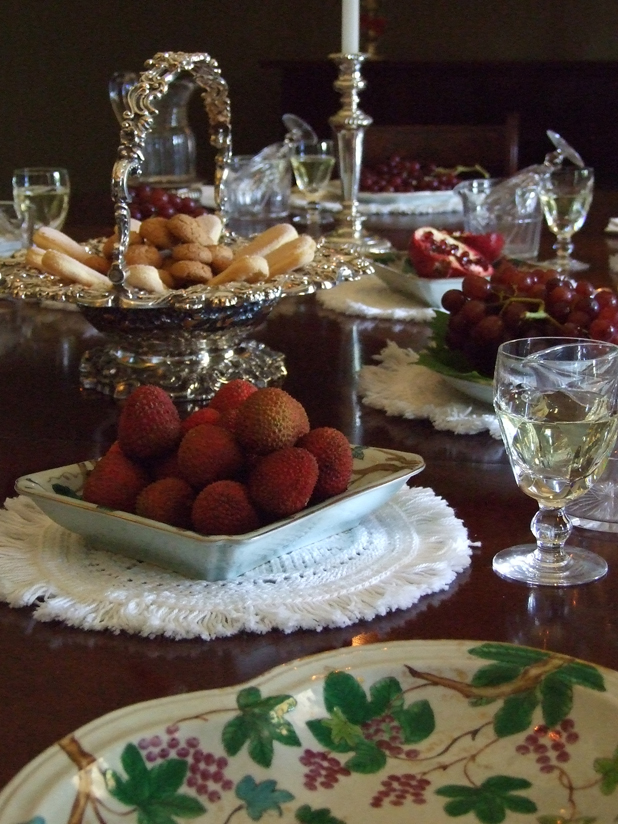 Elizabeth Farm dessert setting, showing Macarthur plates and an abundance of fruit. 