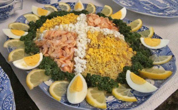Kedgeree decorated with a St Andrew's Cross, parsley, eggs and lemon. 