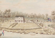A drawing of first Government House, Sydney, showing the surrounding gardens, water and meeting of Aboriginal and European peoples.