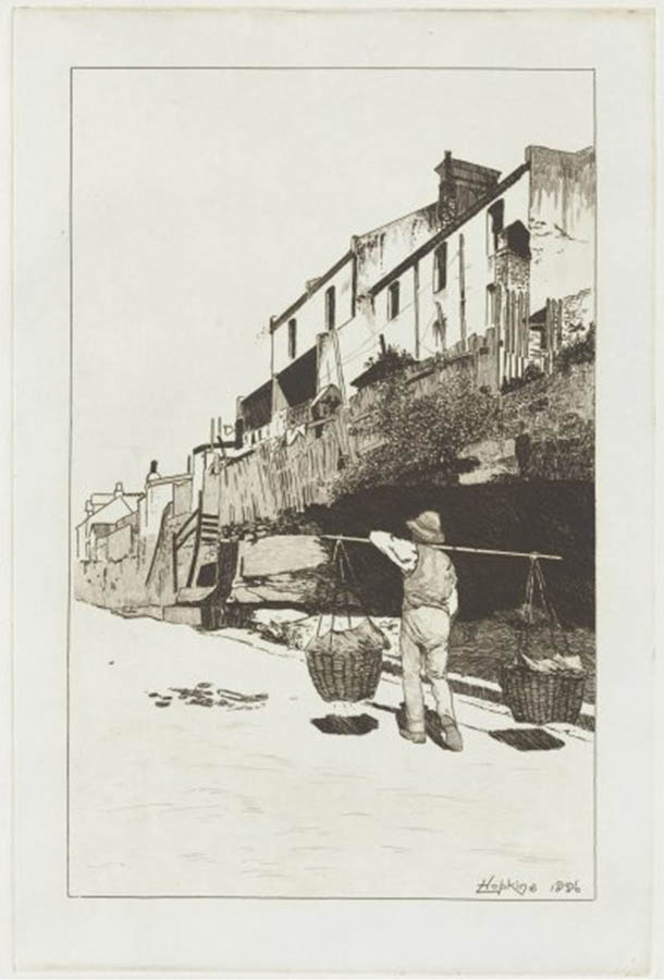 A Chinese man carrying baskets, walking down a street in The Rocks.