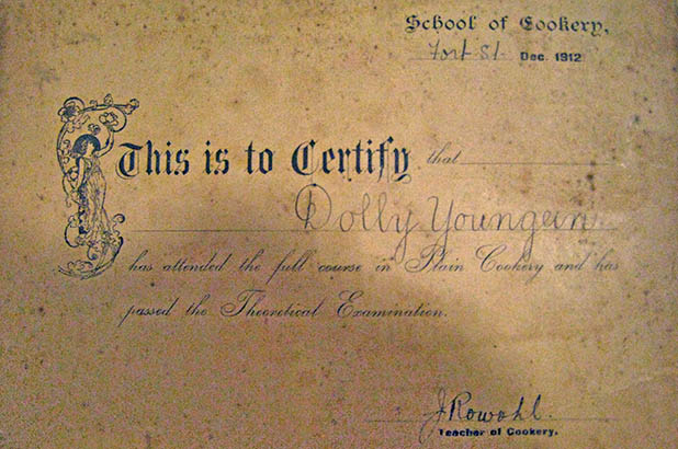 Certificate awarded to Dolly Youngein for cookery.