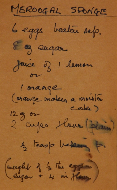 A handwritten recipe for 'Meroogal Sponge'.