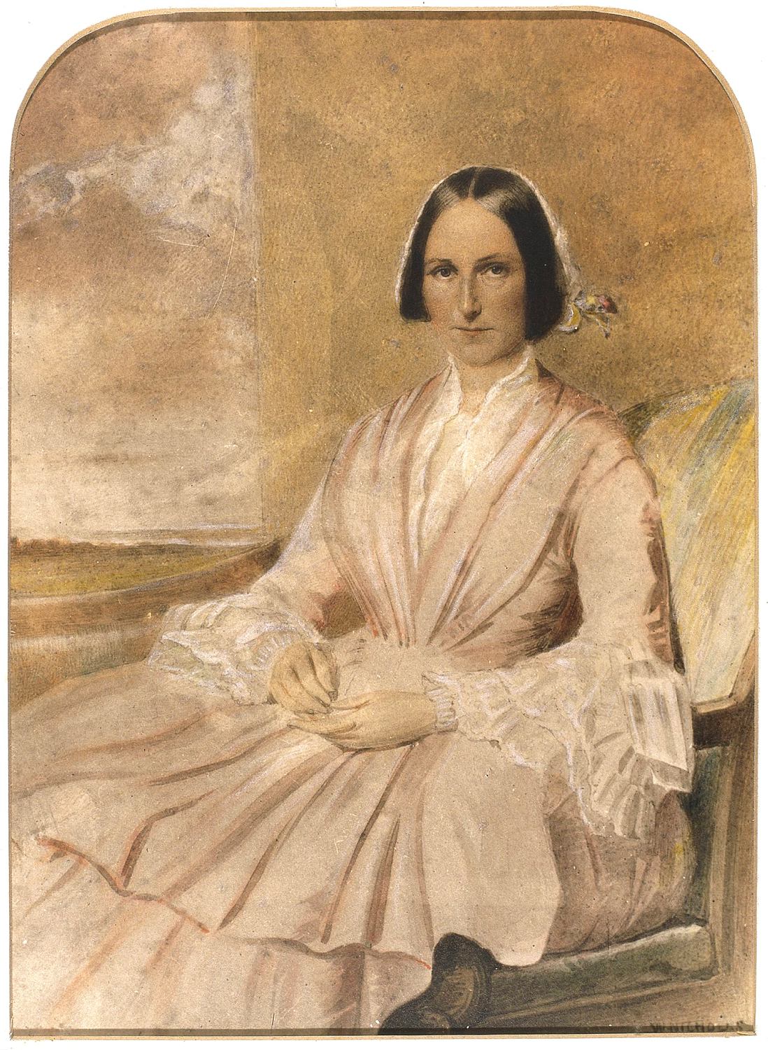 Framed watercolour portrait of Sarah Wentworth 1805-1880. She is seated and looks directly at the viewer. Wears a pink dress with white lace decoration.