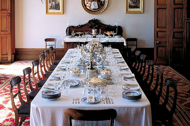 The dining room at Elizabeth Bay House, with a full ‘a la Francais’ setting for 14 diners.