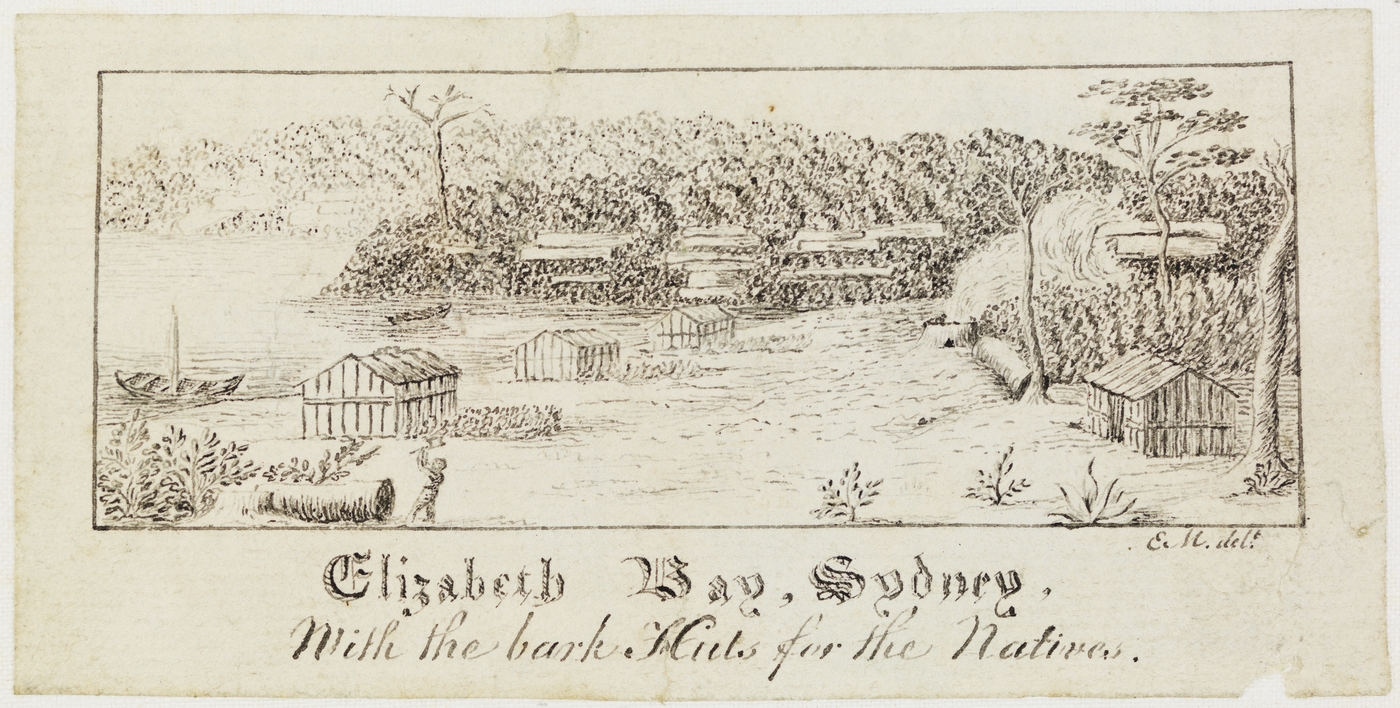 Pen sketch of Elizabeth Bay, showing bark huts close to the shore.