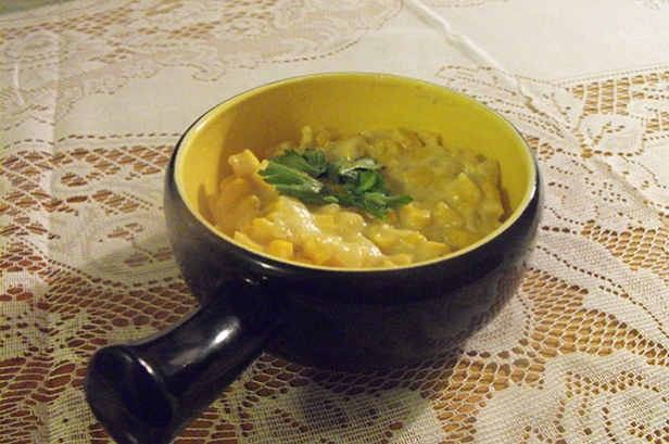 Photograph of quick corn chowder in vintage ramekin