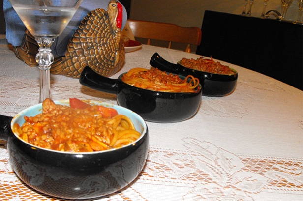 Photograph of spaghetti and left over casserole in vintage ramekin