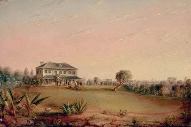 Oil painting of Tarmons in a landscape with blue and pink sky.
