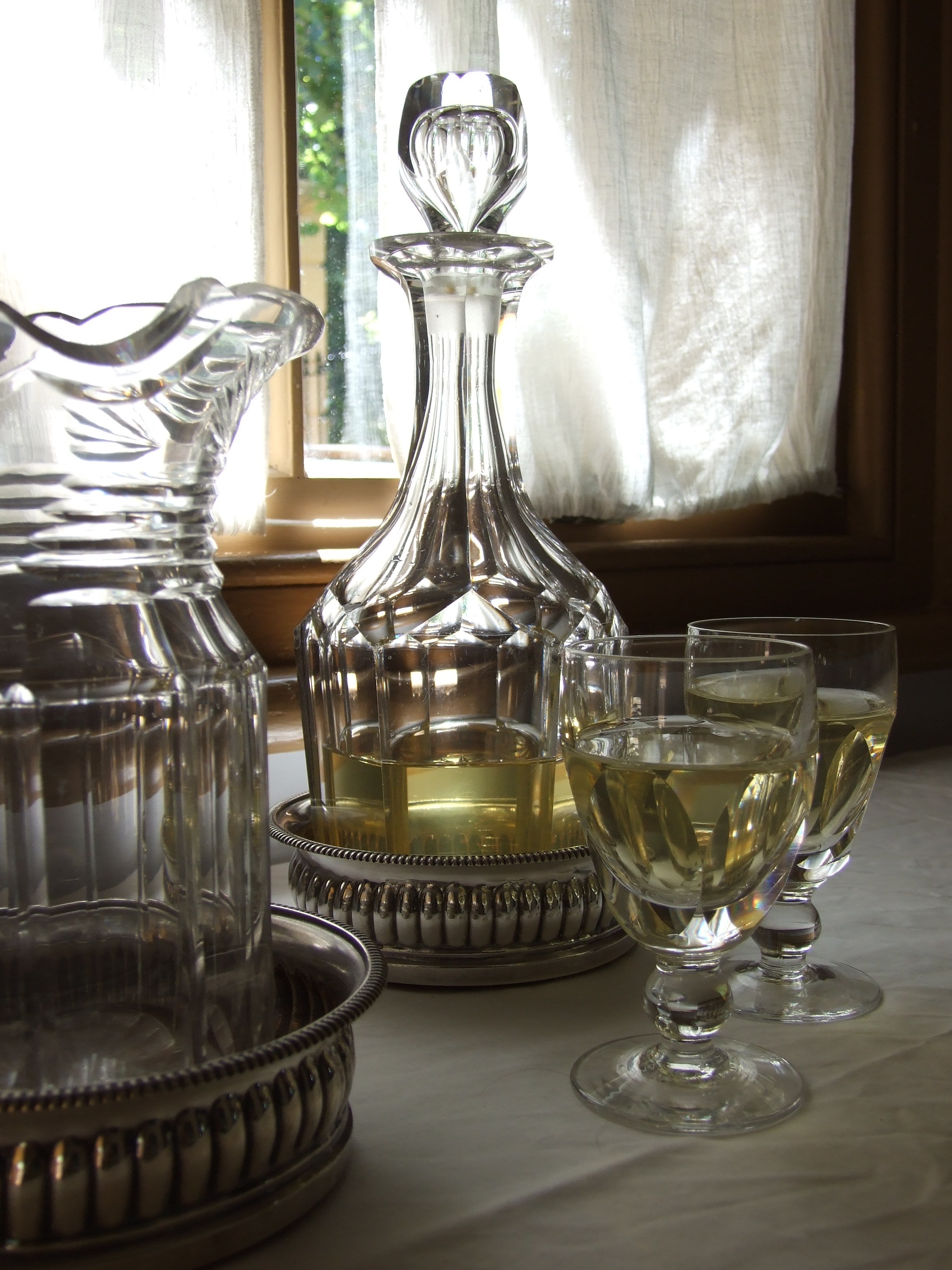 Wine decanters and glasses.