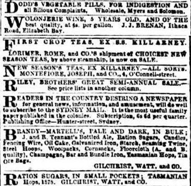 Advertisement for Wolonjerie wine, The Sydney Morning Herald, 30 July 1878.
