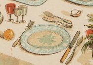 Detail of a set table, showing a a plate, cutlery and glasses.