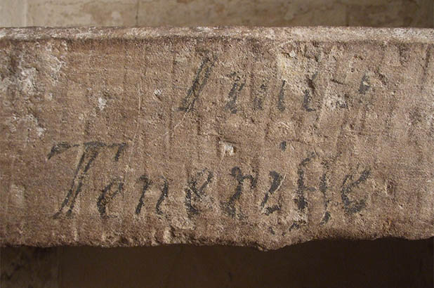 Painted label for 'Teneriffe' in the cellars at Elizabeth Bay House.