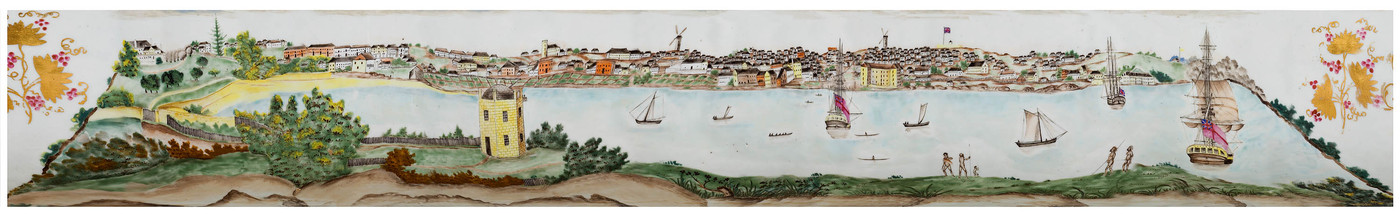 Chinese export ware punchbowl featuring a scene of Sydney Cove before 1820.