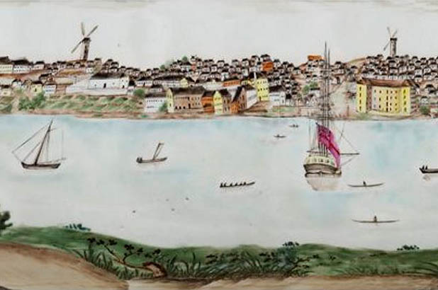 Chinese export ware punchbowl featuring a scene of Sydney Cove before 1820 (detail).