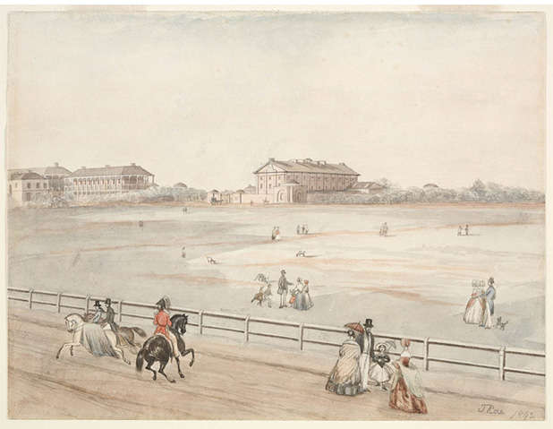Watercolour showing people and horses at Hyde Park, Sydney.