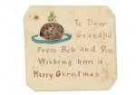 Tiny hand-drawn Christmas card from Robert Barnet and his brother Don to their grandfather Roderick Macgregor, c1906.