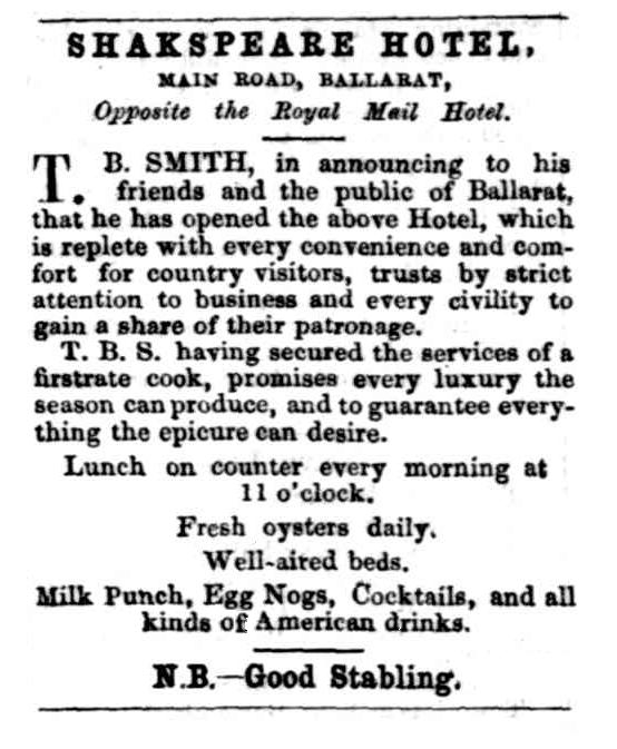 Advertisement for the Shakespeare Hotel, Ballarat, with references to milk punch and egg-nog.