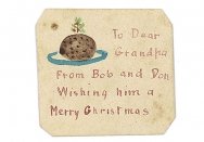 Tiny hand-drawn Christmas card from Robert Barnet and his brother Don to their grandfather Roderick Macgregor, c1906.