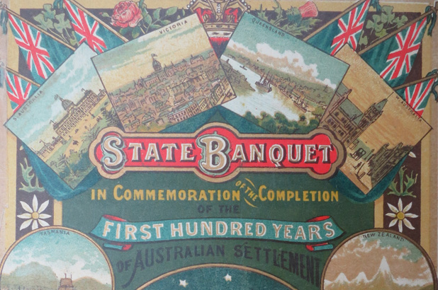 Front cover of menu showing scenes from the colonies, flags, waratahs, flannel flowers.