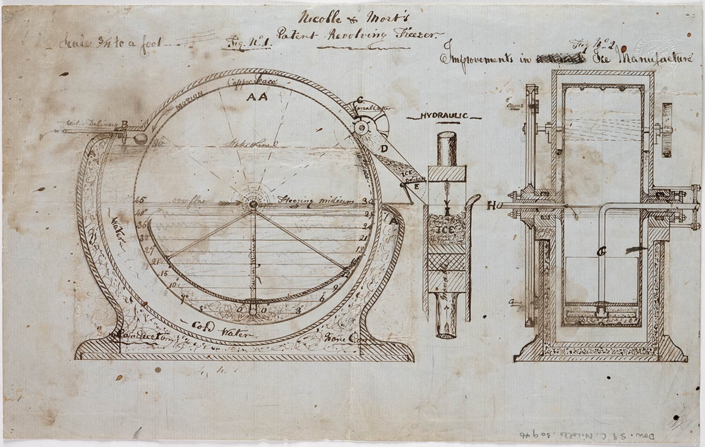 Design for an ice making machine, which worked on a chemical reaction to produce the freezing temperatures required.