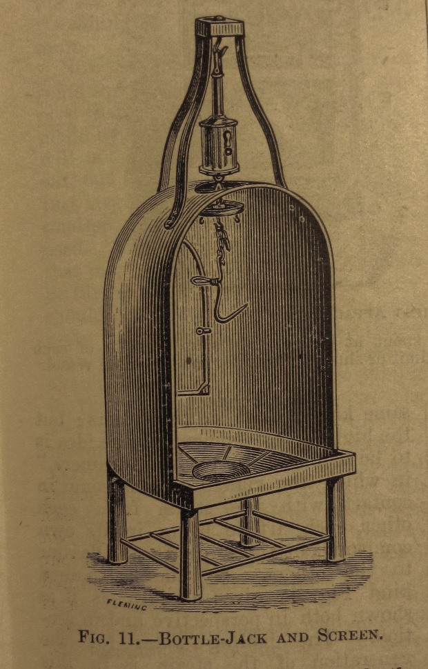 Illustration of a bottle jack and surrounding screen from Cassell's Household Cookery