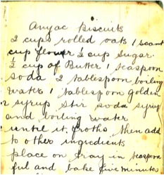 Anzac biscuit recipe from Carole Moore’s family recipe notebook.