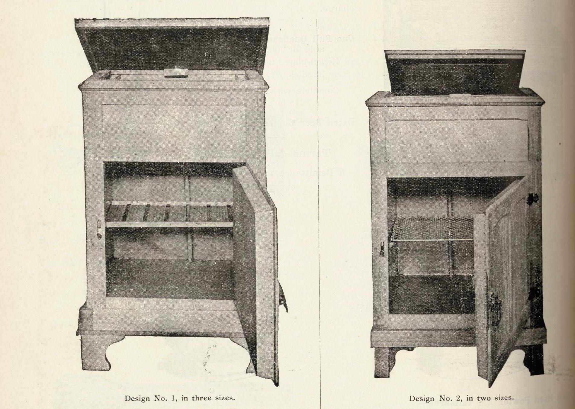 Ice chests advertised by Anthony Hordern and Sons. Chilcott refrigerator: Design no.1 and Design no.2