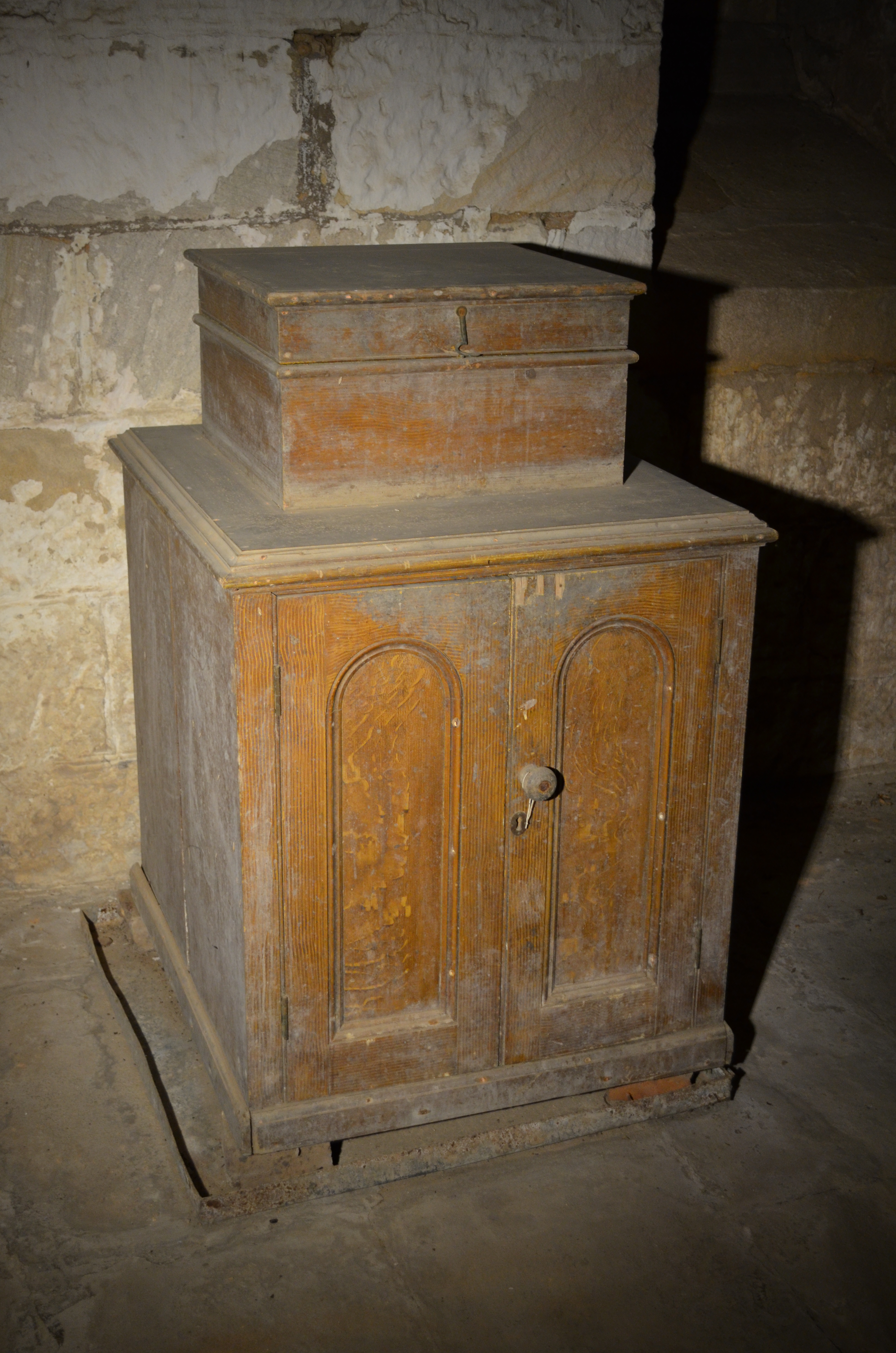Ice chest in the cellar at Rouse Hill House with its compartment doors closed.