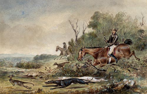 Kangaroo hunting watercolour by Thomas Balcombe (attributed)