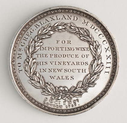Medal awarded to Gregory Blaxland for wine export from New South Wales 1823 verso