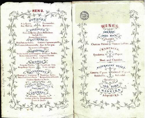 Sydney Exchange banquet menu, 1872