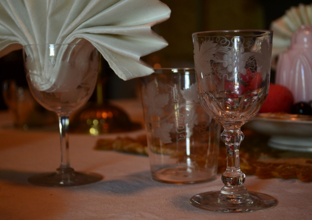 Vine etched glassware, part of a table setting at Rouse Hill House.