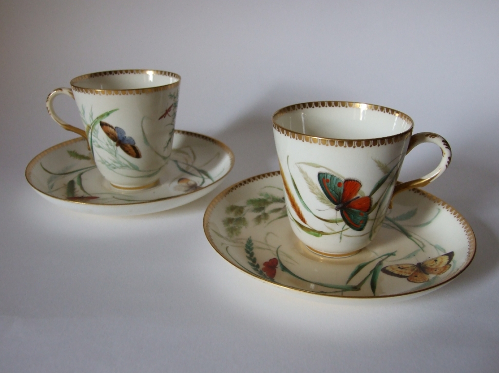 Coffee cups decorated with butterflies and grasses, Worcester, 1877