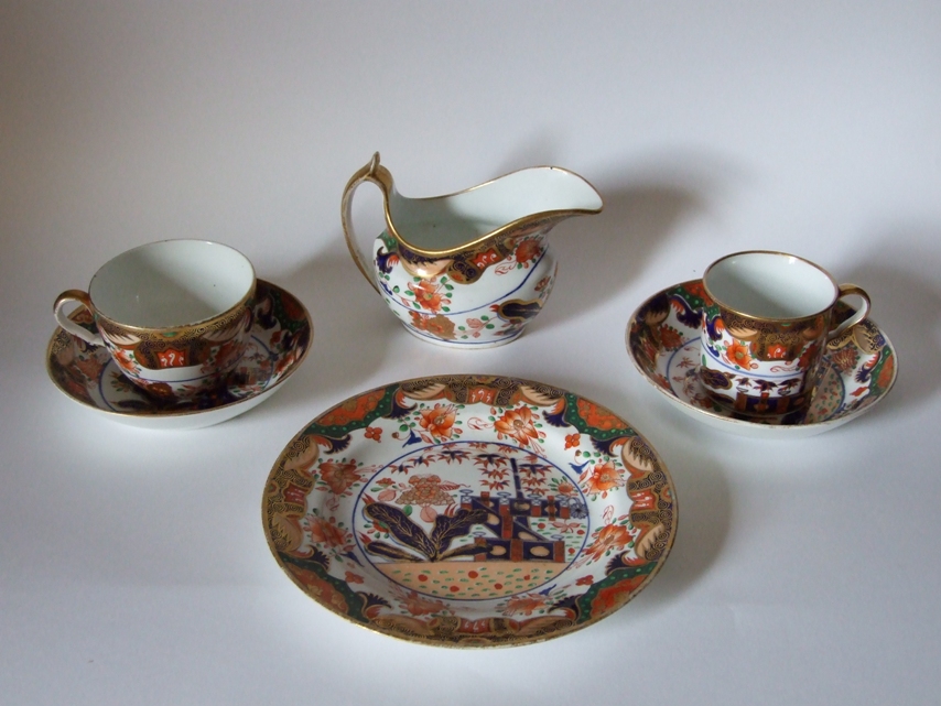 Tea and coffee set with serving plate and creamer, Spode ‘Japan’ pattern, c 1840
