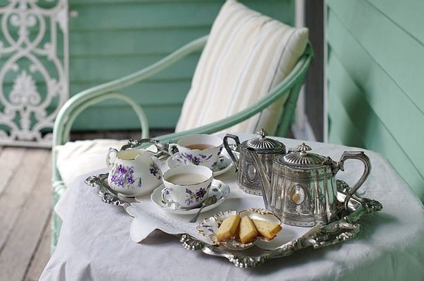 Table set for tea on the side verandah at Meroogal