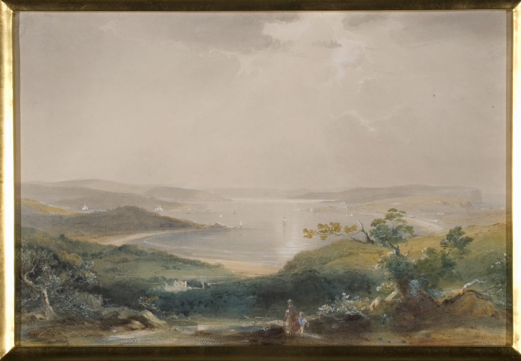 Oil painting showing a view of Sydney Harbour