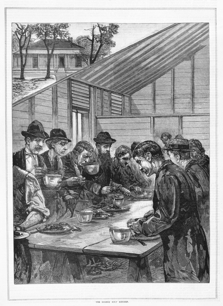 A view of destitute people eating at a table at the Sydney soup kitchen. From The Australasian Sketcher; June 4, 1883. State Library of Victoria collection